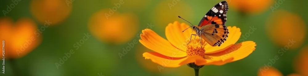 Painted lady butterfly feeding on bright orange cosmos flower, pollination, beauty, wildlife Painted lady butterfly feeding on bright orange cosmos flower, pollination, beauty, wildlife