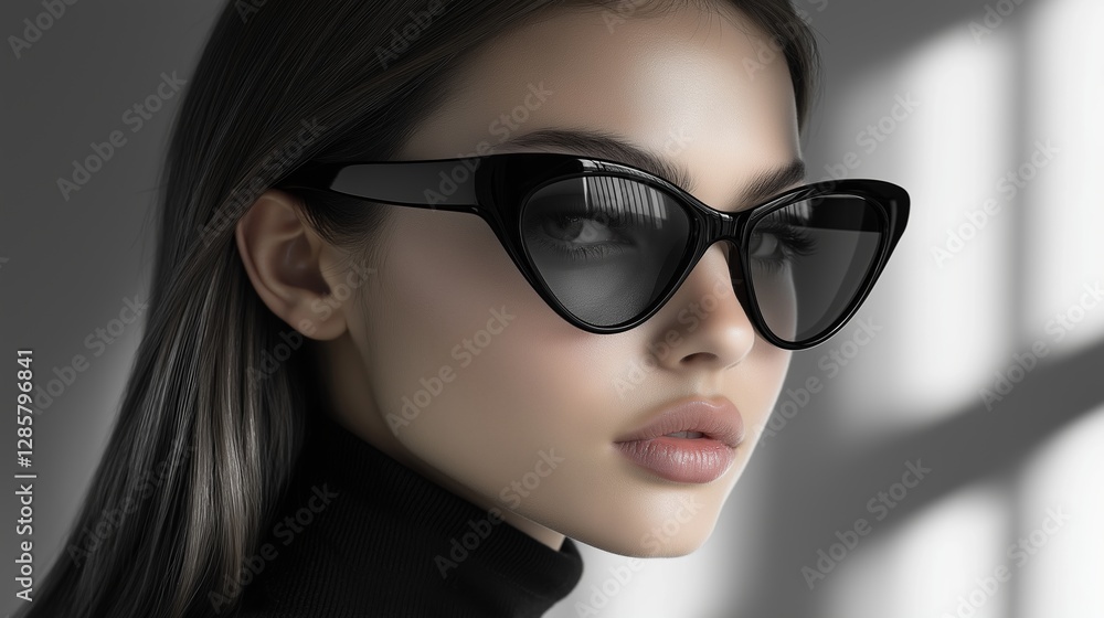 Woman wearing sunglasses with modern design gazes confidently at camera, emphasizing her striking features. Concept: woman wearing sunglasses with modern design portrays elegance and style Woman wearing sunglasses with modern design gazes confidently at camera, emphasizing her striking features. Concept: woman wearing sunglasses with modern design portrays elegance and style