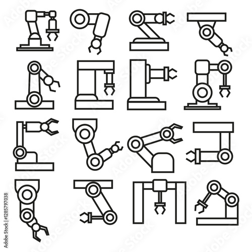 Indastrial robotic manipulator flat linear icons. Robohand icons