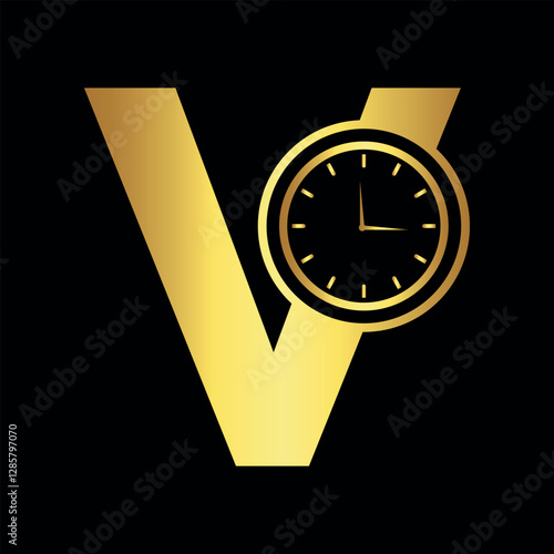 Clock Logo combine with letter V vector template