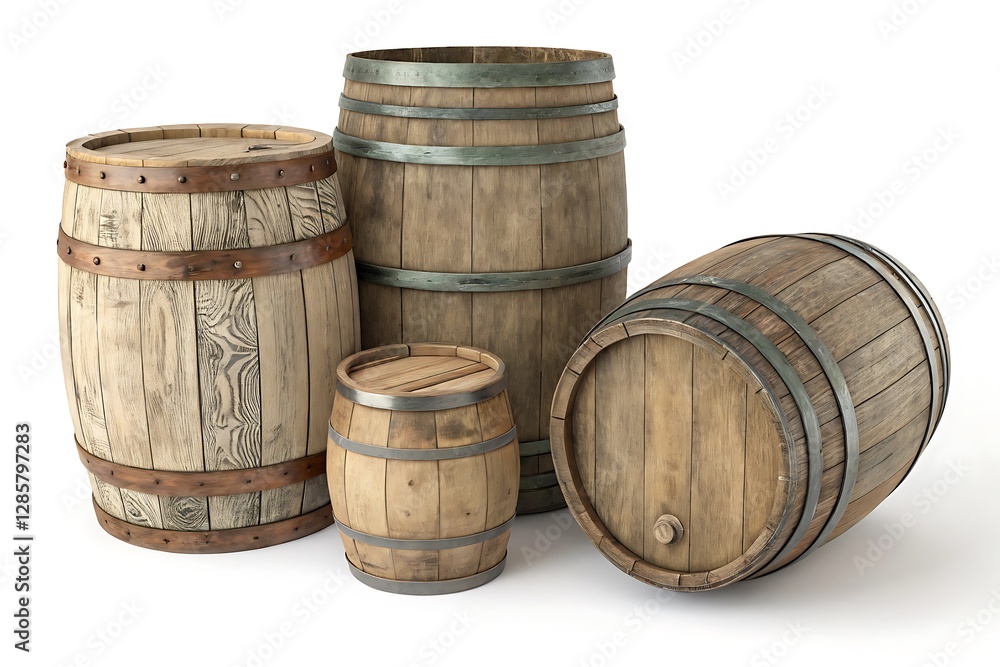 Rustic Wooden Barrels in Various Designs on White Background Rustic Wooden Barrels in Various Designs on White Background