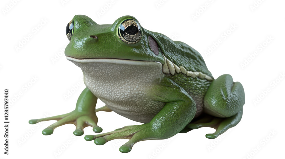 Obraz premium Green frog sitting peacefully on a flat surface in bright light showcasing vibrant color and details