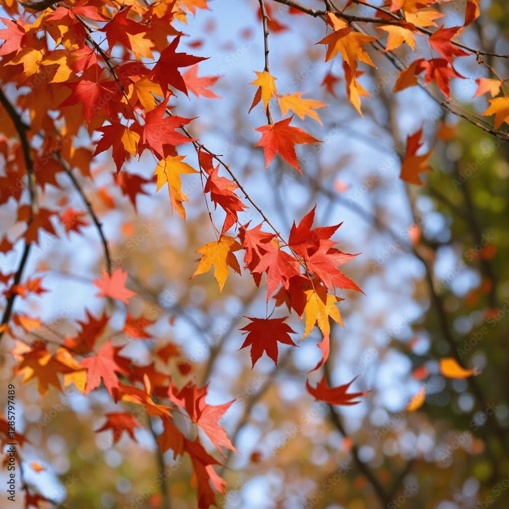 A Colorful Autumn Canopy: Leaves in Rich Hues Descending from Trees A Colorful Autumn Canopy: Leaves in Rich Hues Descending from Trees