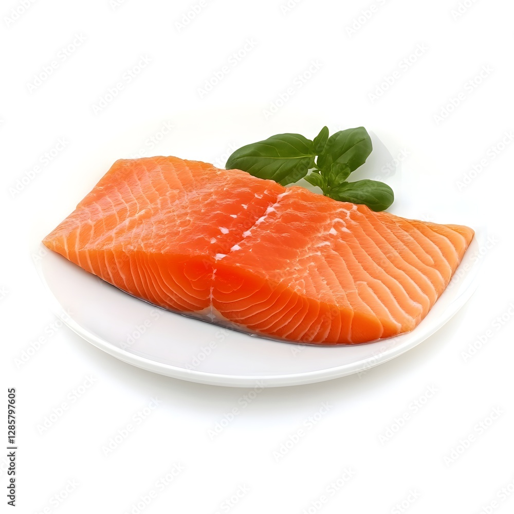 Fresh Whole New Zealand Salmon Fillet on White Plate with Greens Fresh Whole New Zealand Salmon Fillet on White Plate with Greens
