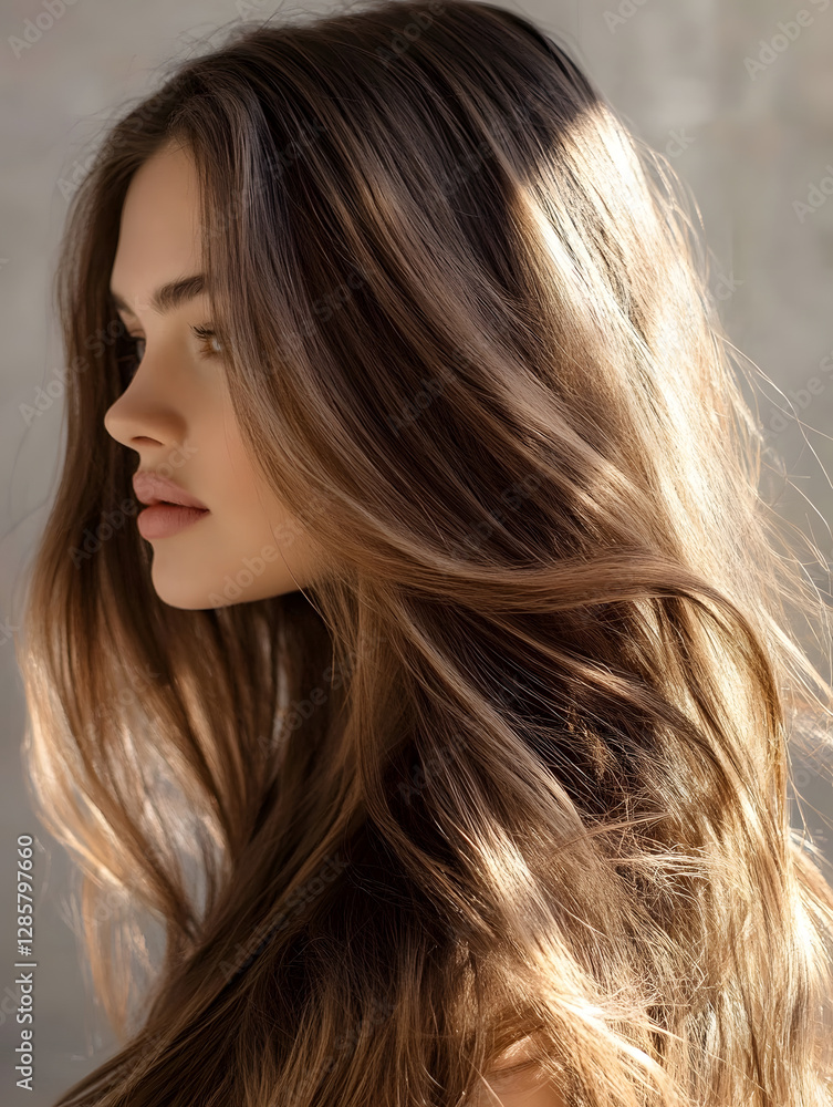 Portrait of Young Woman with Flowing Brown Hair in Sunlight : Generative AI Portrait of Young Woman with Flowing Brown Hair in Sunlight : Generative AI