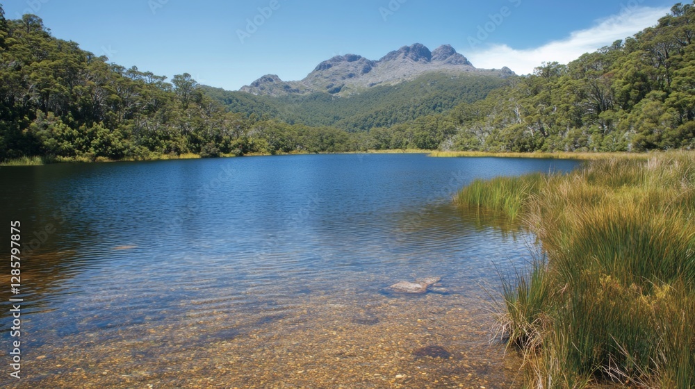 Fototapeta premium Tranquil mountain lake, lush forest background, scenic view, nature escape, tranquil water