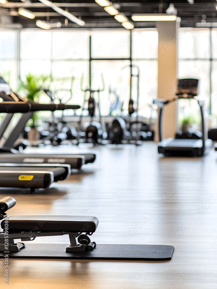 Fototapeta premium Modern Fitness Center with Treadmills and Exercise Equipment in Sunlit Environment : Generative AI
