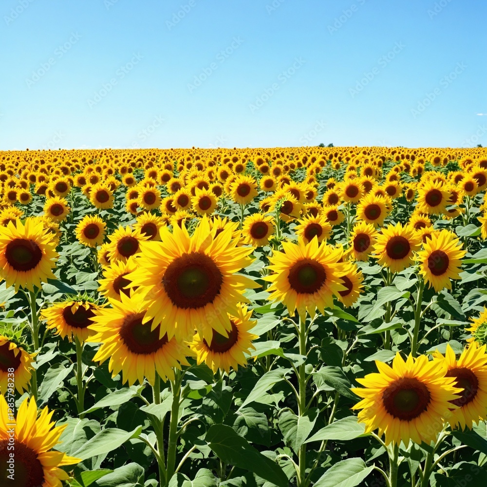 Fototapeta premium A breathtaking landscape of blooming sunflowers beneath a radiant blue sky.