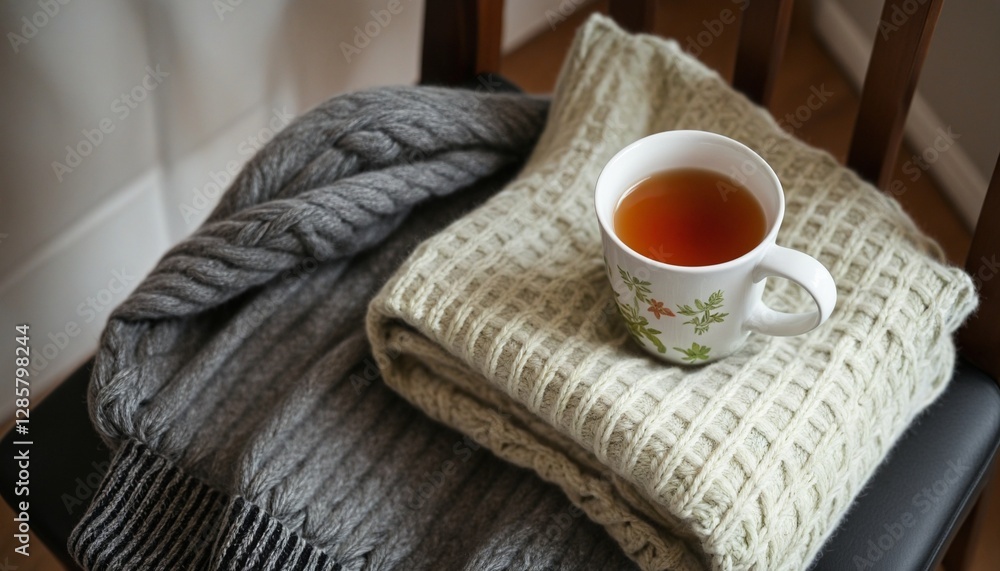 A warm sweater resting on a chair beside a hot cup of tea. A warm sweater resting on a chair beside a hot cup of tea.