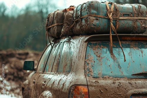 A rugged vehicle covered in mud, equipped with a heavy load on the roof, showcasing the spirit of adventure and outdoor exploration in challenging terrains. photo