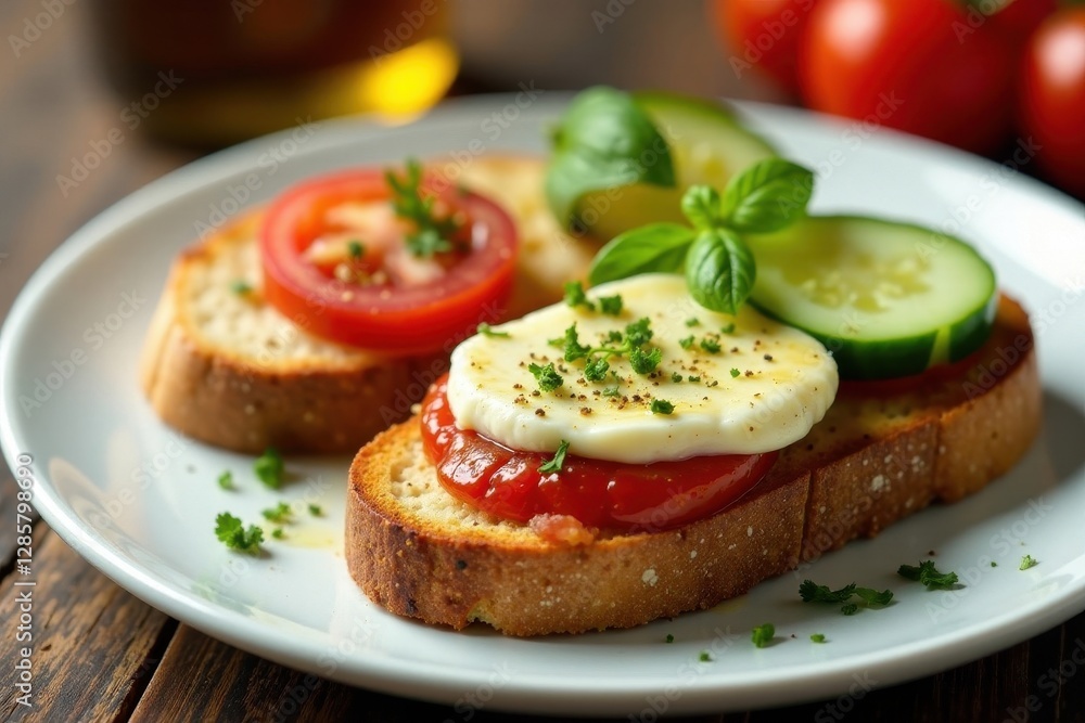 Rustic white plate, Camembert, tomato cucumber toast, jam, herbs, foodstyling, appetizer Rustic white plate, Camembert, tomato cucumber toast, jam, herbs, foodstyling, appetizer