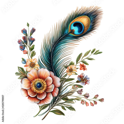 Peacock feathers with flowers on a transparent background.