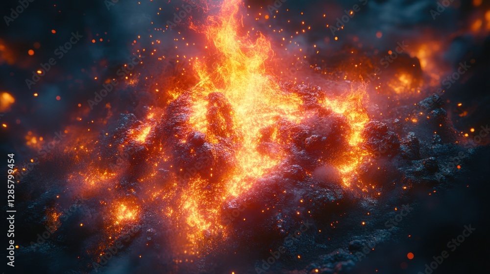 Fiery explosion, burning rocks, dark environment, smoke Fiery explosion, burning rocks, dark environment, smoke