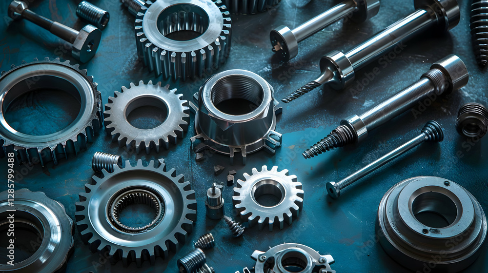 Close-up of assorted metallic gears and fasteners arranged on a blue surface, showcasing industrial design Close-up of assorted metallic gears and fasteners arranged on a blue surface, showcasing industrial design