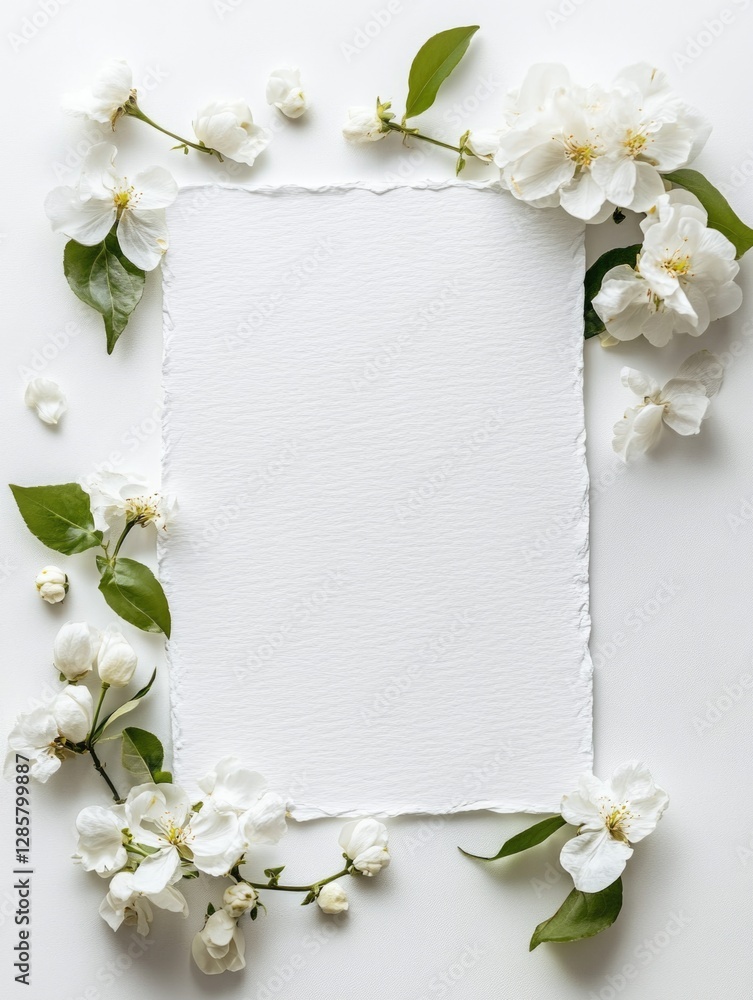 Flower-framed paper on white surface Flower-framed paper on white surface