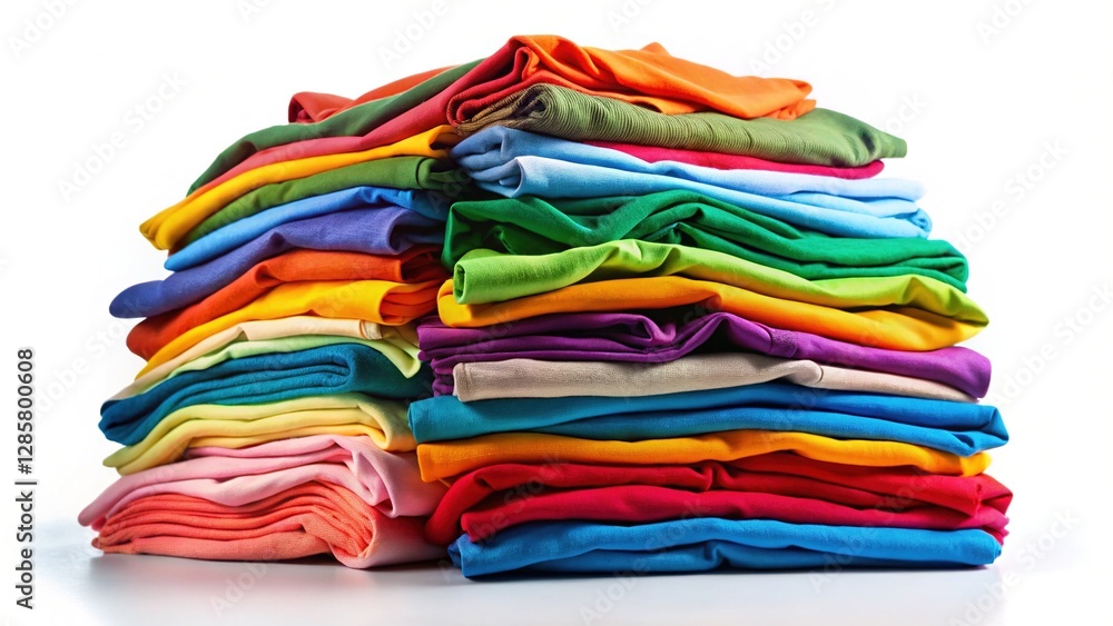 Piles of Brightly Colored Folded Clothes on White Background Piles of Brightly Colored Folded Clothes on White Background