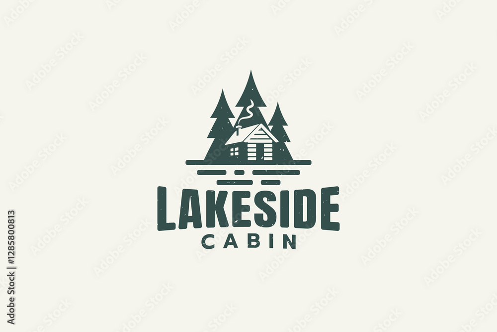 custom made wallpaper toronto digitallake side cabin logo in vintage style with a wooden house and pine forest