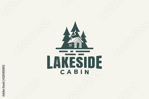 lake side cabin logo in vintage style with a wooden house and pine forest