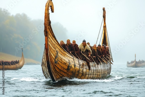 Viking longship navigates calm waters with crew members dressed in traditional attire during overcast weather photo