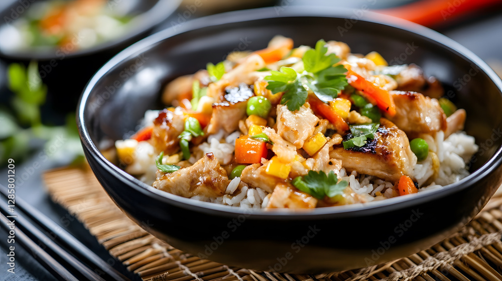 Delicious Teriyaki Chicken Stir Fry with Vegetables Served Over Steamed Rice in Black Bowl : Generative AI Delicious Teriyaki Chicken Stir Fry with Vegetables Served Over Steamed Rice in Black Bowl : Generative AI