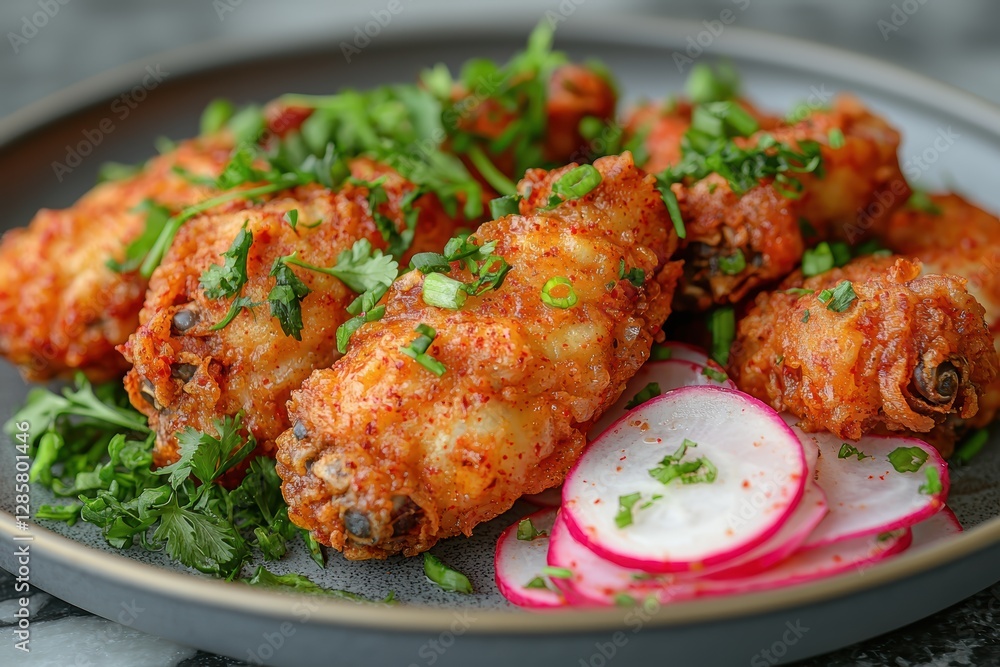 Fototapeta premium Spicy korean fried chicken delight gourmet kitchen food photography cozy atmosphere close-up culinary experience