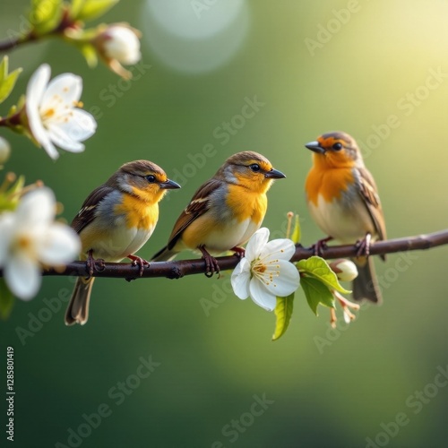 Three tiny birds perched on a blossoming branch, sunny spring day , little birds, outdoor, picture