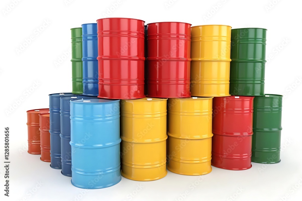 Colorful Paint Barrels Stacked on White Background Colorful Paint Barrels Stacked on White Background