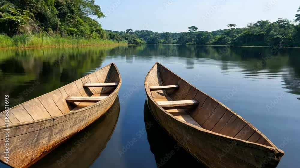 Two small wooden boats are floating in a lake Two small wooden boats are floating in a lake