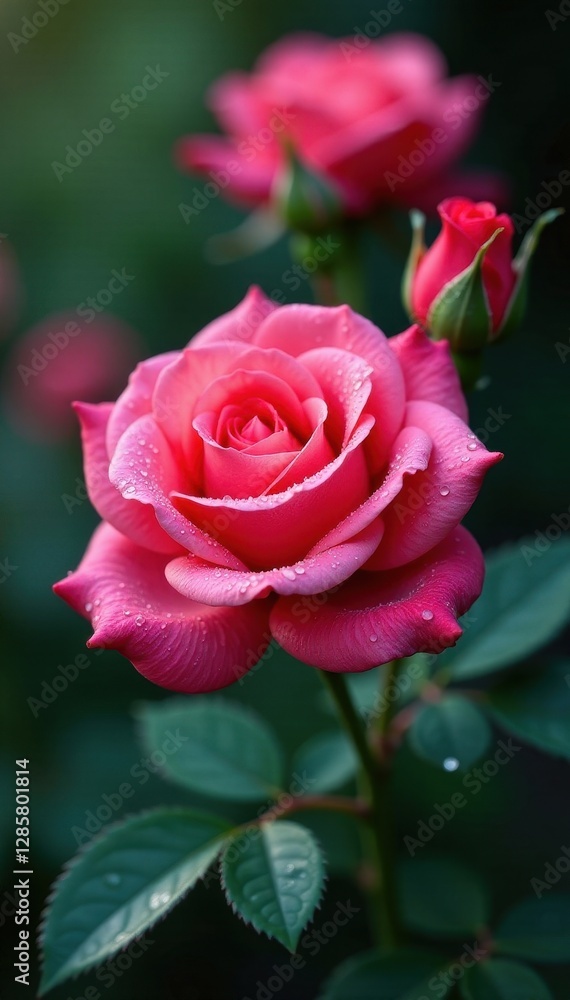 Vibrant close-up of blooming roses, dew drops glistening , garden, artwork, spring Vibrant close-up of blooming roses, dew drops glistening , garden, artwork, spring