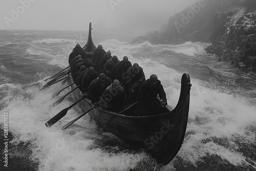 Warriors navigating rough seas in a longboat during a stormy day by the rugged coastline