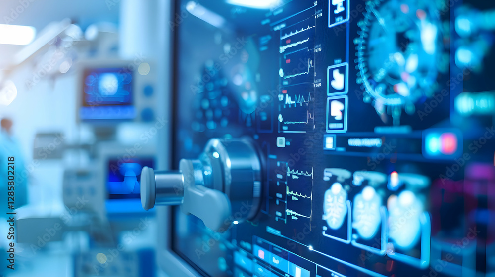 Advanced medical monitoring equipment displaying vital signs in a modern hospital setting Advanced medical monitoring equipment displaying vital signs in a modern hospital setting