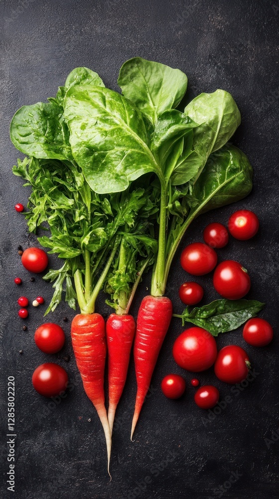 Overhead shot of fresh organic carrots, spinach, and cherry tomatoes on dark background. Overhead shot of fresh organic carrots, spinach, and cherry tomatoes on dark background.