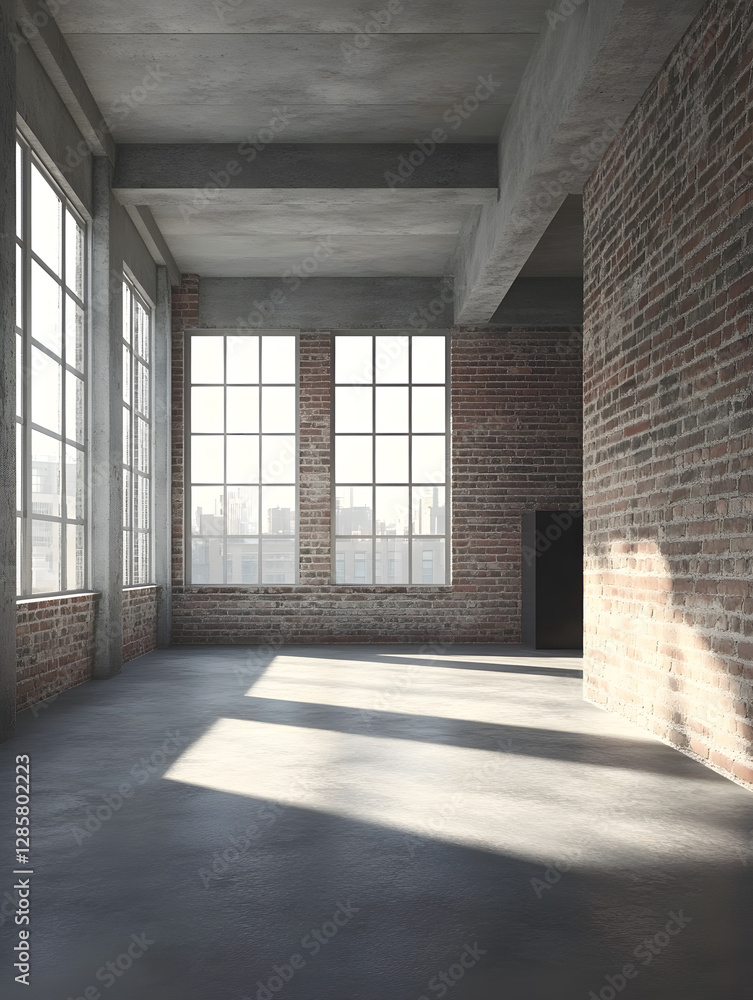 Spacious industrial loft with exposed brick walls and large windows in urban setting : Generative AI Spacious industrial loft with exposed brick walls and large windows in urban setting : Generative AI