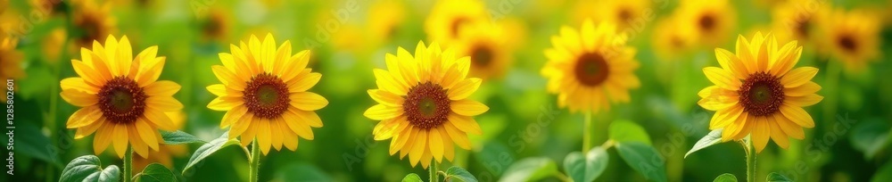 Vibrant yellow sunflowers, lush green leaves, bright background , field, illustration