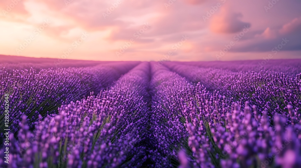 Obraz premium Lavender Field at Sunset Rows of Purple Flowers Under Pink Sky