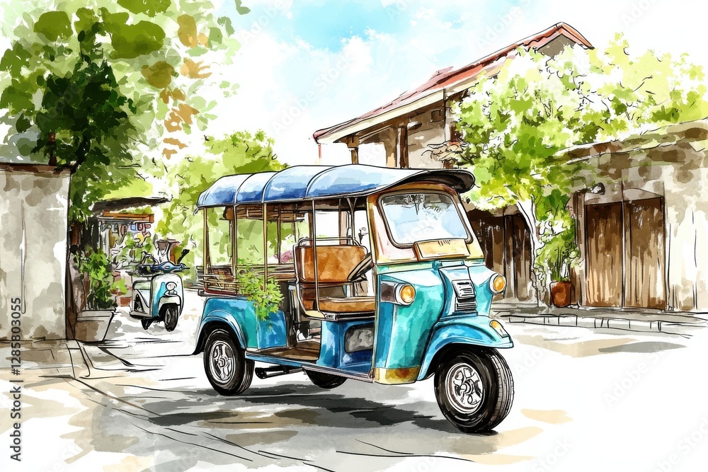 Obraz premium A vibrant illustration of a traditional auto rickshaw parked on a serene street, surrounded by lush greenery and charming houses.