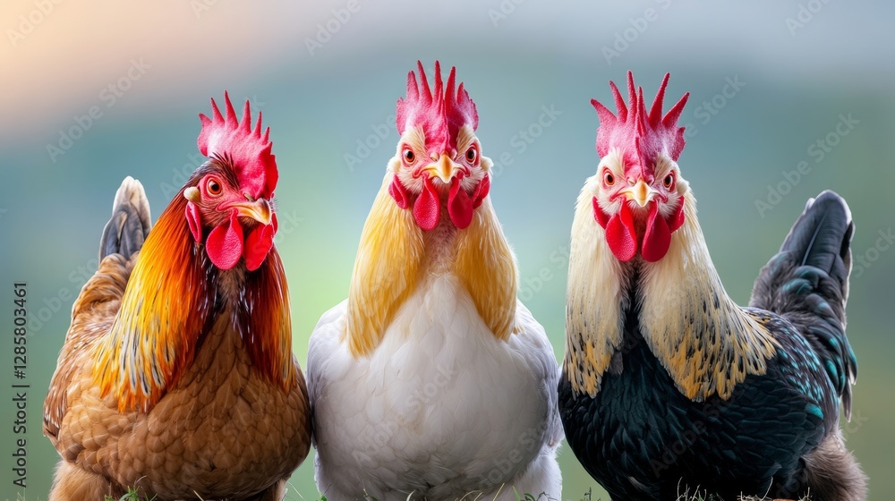 Fototapeta premium Three chickens with different colored heads are standing next to each other. The chickens are all facing the camera and appear to be looking at the viewer. The scene is bright and cheerful