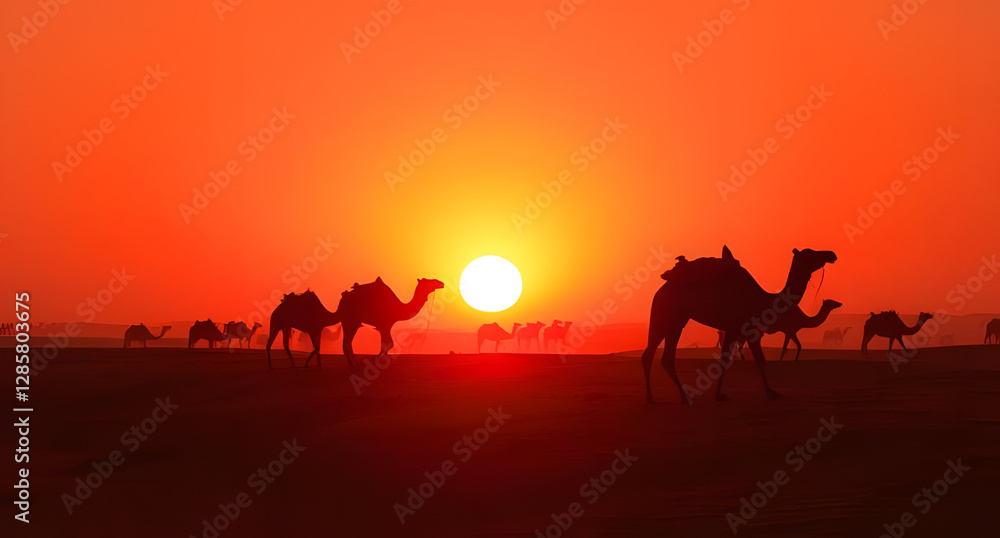 Fototapeta premium Crimson sunset with silhouettes of distant camels background. A desert scene bathed in warm golden-red light