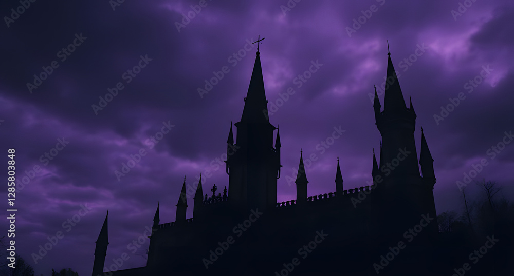 Fototapeta premium Dark gothic castle background. Black spires, moody purple sky, eerie atmosphere
