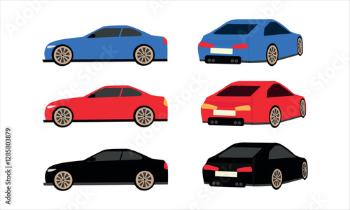 3 cars displayed in front and back views. Vector illustration. 