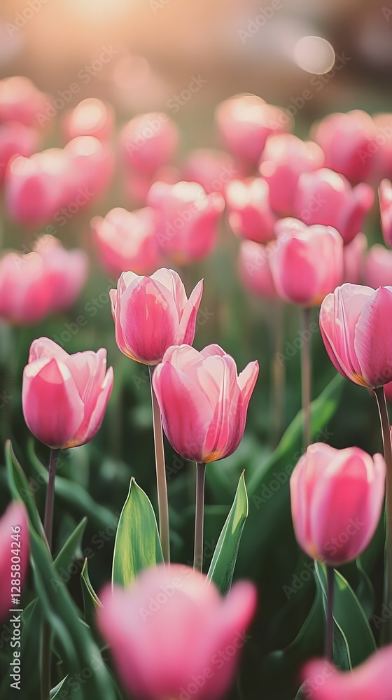 Fototapeta premium Vibrant pink tulips in sunlit field capturing nature's beauty