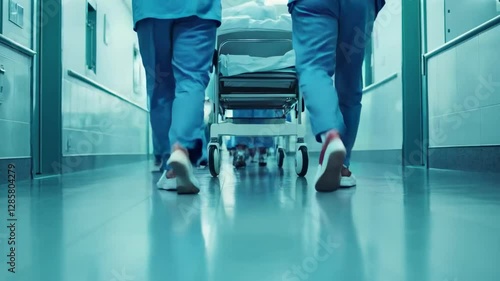 A hospital corridor with two medical workers in blue uniforms. One of them pushes a gurney with a patient. The floor is covered with blue linoleum