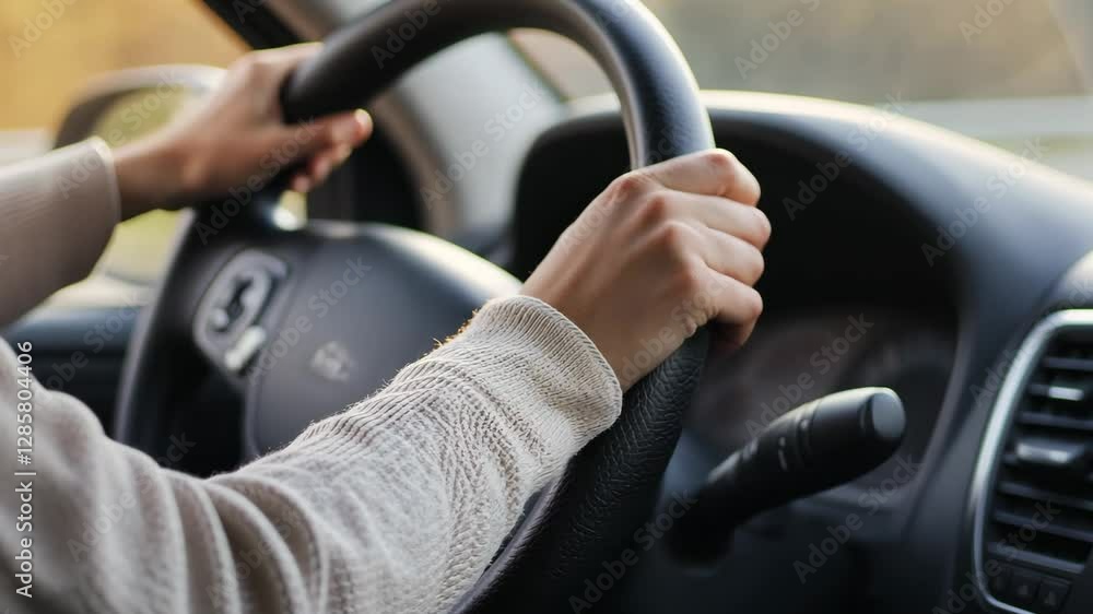 Nervous first-time student driver gripping steering wheel in lesson Nervous first-time student driver gripping steering wheel in lesson
