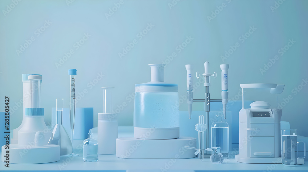 Laboratory equipment in a serene blue setting with various glassware and instruments displayed Laboratory equipment in a serene blue setting with various glassware and instruments displayed