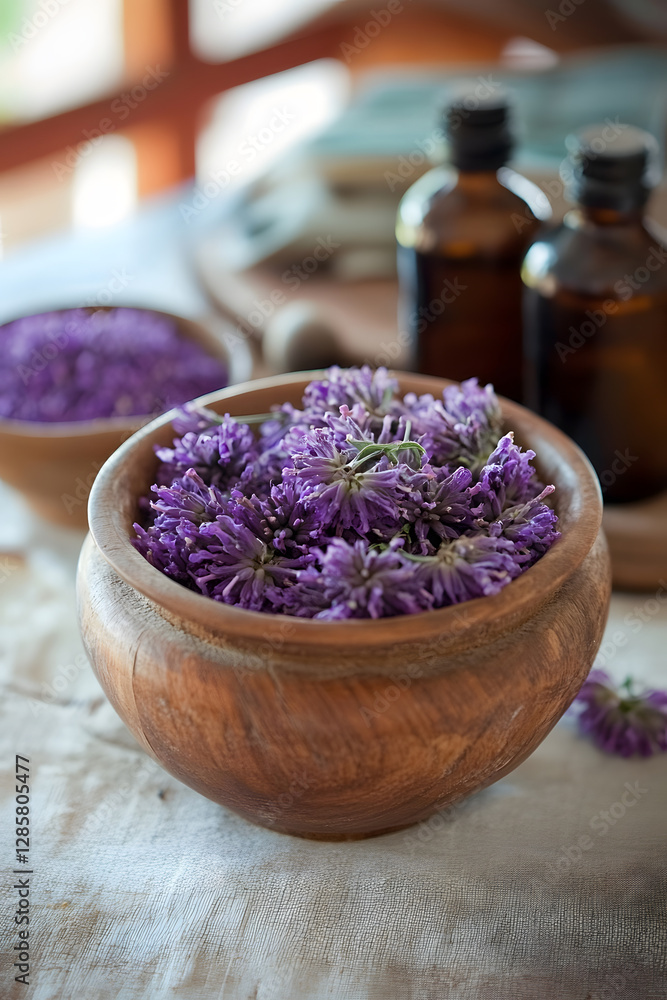 Rustic Lavender Flowers in a Wooden Bowl for Natural Herbal Wellness and Aromatherapy : Generative AI Rustic Lavender Flowers in a Wooden Bowl for Natural Herbal Wellness and Aromatherapy : Generative AI