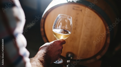 Winemaker tastes fresh unfiltered white wine from the barrel in rustic cellar showcasing natural winemaking tradition