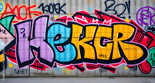 Colorful graffiti art covering an urban wall background. Bold expressions of creativity in a concrete jungle photo
