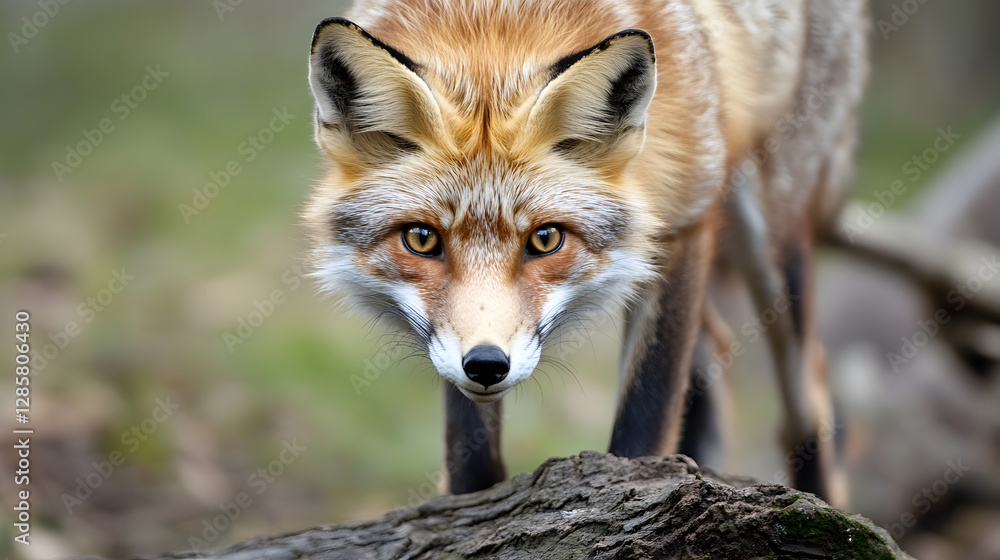 Fototapeta premium Curious Red Fox with Intense Gaze in Dense Forest Environment Exploring Its Natural Habitat : Generative AI