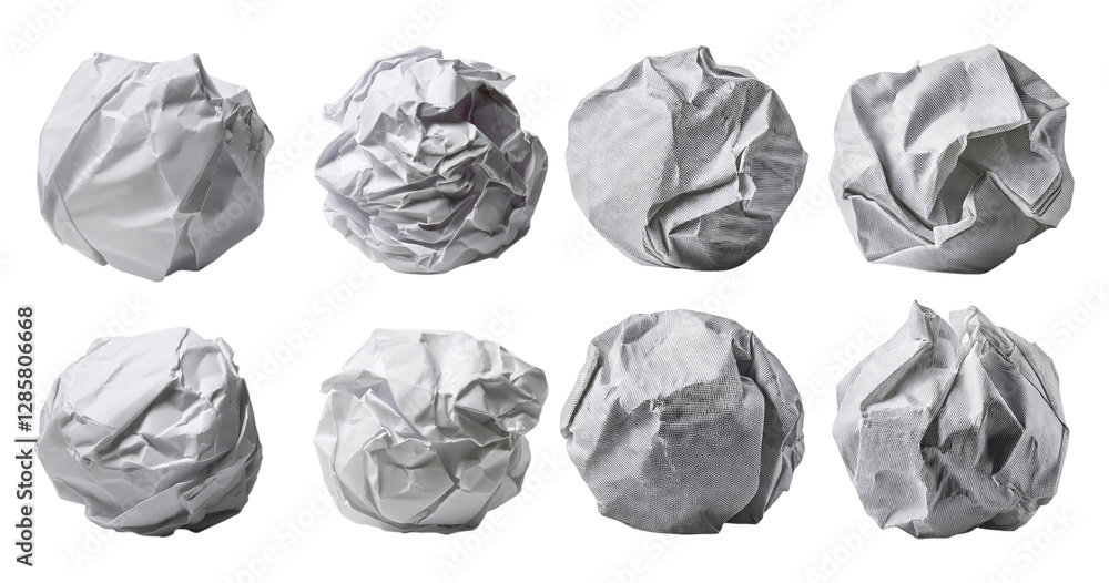 Naklejka premium Crumpled Paper Balls on White Background for Creative Concepts, isolated on transparent background