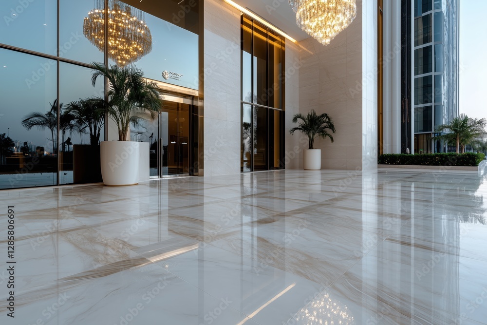 Fototapeta premium Corporate headquarters lobby featuring elegant marble floors and stunning crystal chandeliers
